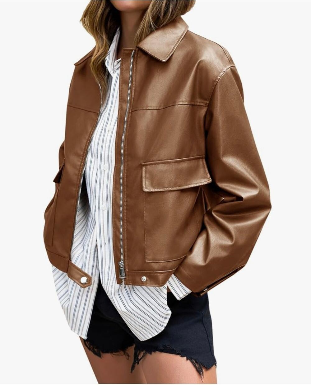 Women’s Brown Faux Leather Cropped Bomber Jacket Size L Zip Front Pockets.